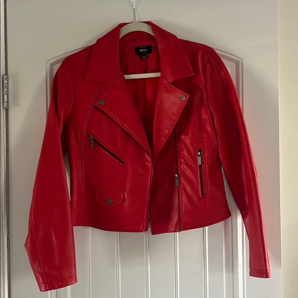 Faux Red Leather Biker Jacket